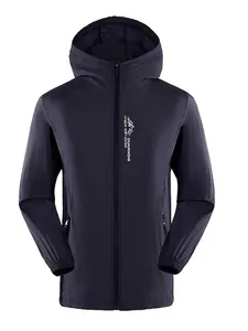 Men's dark blue hooded sun protection jacket with full zip and white mountain logo print