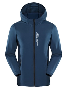 Men's navy blue breathable sun protection jacket with hood and mountain logo print