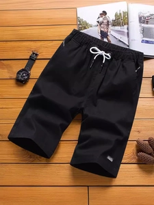 Men's breathable black cotton summer shorts with elastic drawstring waist and side pockets