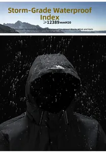 Détail d'une veste outdoor imperméable montrant les gouttes d'eau et la capuche