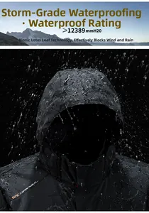 Dettaglio della giacca outdoor impermeabile con gocce d'acqua sul tessuto tecnico