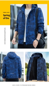Dettaglio della giacca a vento camo blu navy con polsini regolabili e logo sulla manica