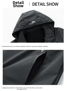 Détails de la capuche amovible et des poches zippées sur la veste d'extérieur noire