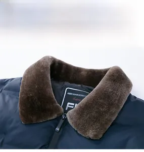 Detail of the warm faux fur collar and durable windproof fabric on a men's winter jacket