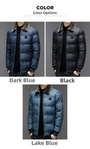 Men's winter thick padded jackets detail in navy, black and light blue with faux fur collar