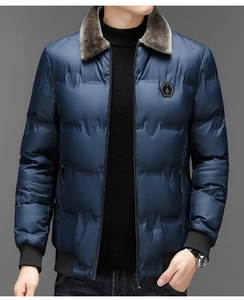 Detail of navy winter parka with brown faux fur collar and ribbed cuffs for men