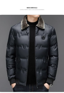 Detail of winter men's padded jacket featuring grey faux fur collar and ribbed cuffs
