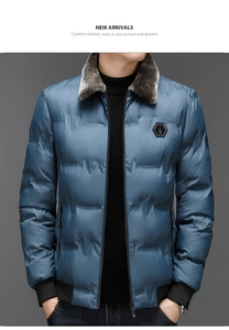 Close-up of blue winter parka with brown faux fur collar and ribbed cuffs for men