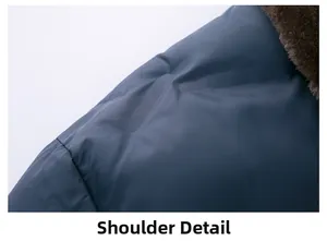 Macro detail of men's winter coat shoulder featuring thick premium dark brown faux fur collar