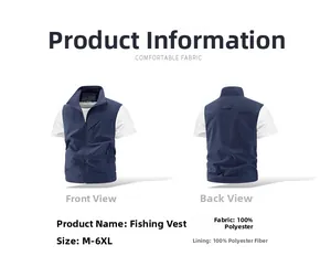 Vorder- und Rückansicht einer dunkelblauen Angelweste aus 100% Polyester mit vielen Taschen