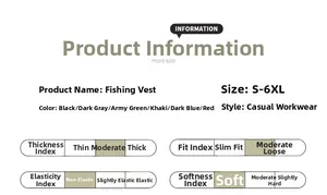 Tabella taglie per gilet da pesca S-6XL con dettagli tecnici del tessuto impermeabile