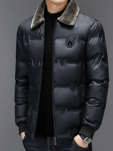 Winter men's black quilted puffer jacket with fluffy grey fur collar and rib cuffs