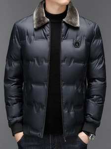 Men's winter puffer jacket with grey faux fur collar and ribbed cuffs in black