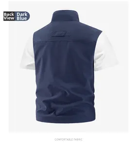 Rückansicht einer blauen Outdoor-Weste mit funktionalen Gurten und atmungsaktivem Stoff