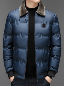 Men's winter navy blue puffer jacket with fur collar and quilted thermal padding