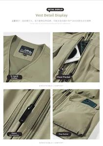 Dettagli macro di scollo a V, cerniere e tasche funzionali sul gilet da pesca uomo