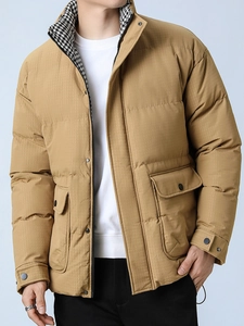Herren Winterjacke in Khaki mit Stehkragen und Innenfutter im Hahnentritt-Muster