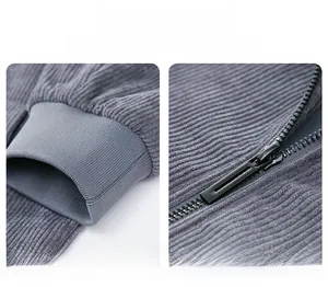 Detail view of ribbed cuffs and high-quality zipper on blue corduroy jacket