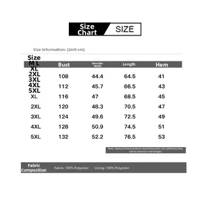 Detailed size chart for men's casual jacket with measurements from M to 5XL in centimeters