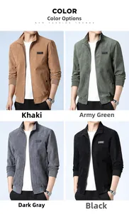 Detail view of corduroy jacket texture and four color options: khaki, green, grey, and black