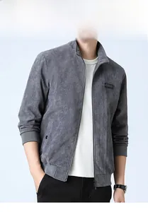 Detailed view of gray corduroy jacket with stand collar and ribbed cuffs for men