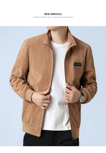 Detail of tan corduroy jacket showing ribbed cuffs, stand collar, and zipper texture
