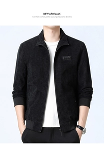Close-up of black corduroy jacket showing ribbed texture and brand patch on chest