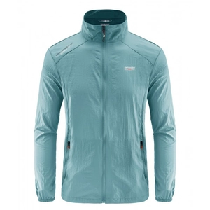 Men's lightweight blue outdoor sun protection jacket with stand collar and zipper pockets
