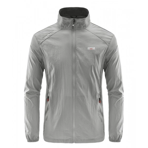 Men's lightweight grey outdoor sun protection jacket with stand collar and zip pockets