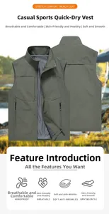Detail view of quick-dry army green utility vest showing breathable mesh and zip pockets