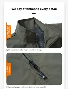 Close-up of military green workwear vest featuring stand-up collar and smooth zipper detail