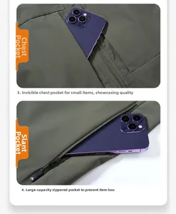 Detail view of large capacity zipper pockets on olive green windproof utility vest