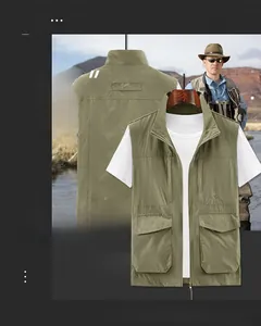 Vue détaillée du gilet de pêche vert militaire avec design multi-poches et col montant