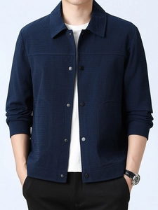 Men's navy blue waffle texture jacket with lapel collar and single-breasted buttons
