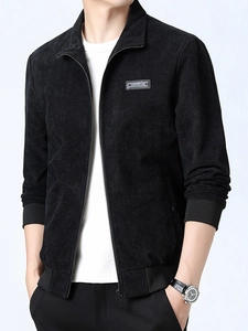Men's casual black corduroy zipper jacket with a stand collar and ribbed cuffs