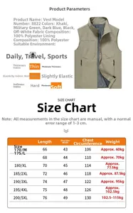 Size chart for men's cargo vest showing dimensions and 100% polyester material details