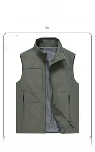 Detail view of army green outdoor vest featuring breathable mesh lining and zippered pockets