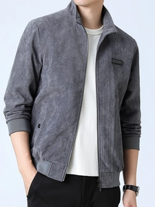Men's casual dark grey corduroy jacket with stand collar and zipper closure