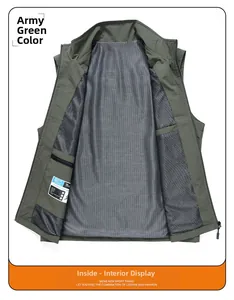 Army green cargo vest detail featuring breathable black mesh lining and a secure inner zipper pocket