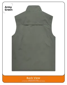 Army green multi-pocket utility vest back view with breathable mesh vent detail