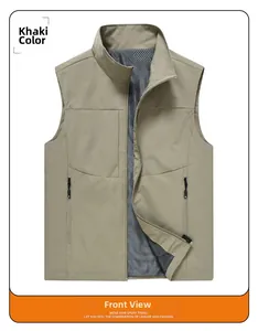 Detail of khaki outdoor vest with zipper pockets and breathable mesh lining fabric