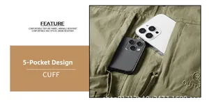 Détail de gilet de pêche vert armée avec grandes poches pour téléphones et broderie logo