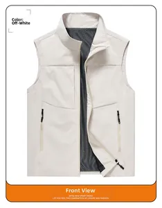 Detailed front view of beige men's vest with mesh lining and functional zipper pockets