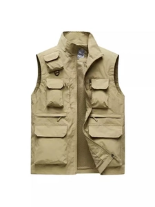 Gilet cargo da uomo color kaki per attività all'aperto con tasche e fodera a rete