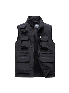 Gilet da pesca nero da uomo con tasche multiple, fodera in mesh e colletto in piedi