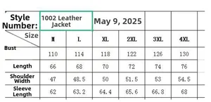 Detailed size chart for men's leather jacket featuring chest, length, and sleeve dimensions
