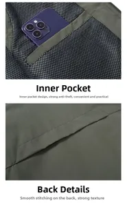 Detail of cargo vest featuring anti-theft mesh inner pocket and durable stitching work