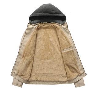 Beige men's fleece-lined hooded leather jacket with contrasting grey hood and zip closure