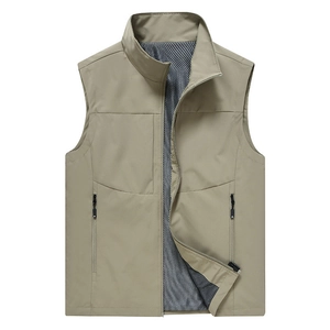 Men's khaki zip-up work vest with stand collar and breathable mesh lining
