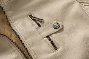 Detail of off-white leather jacket showing faux fur lining and classic zipper hardware